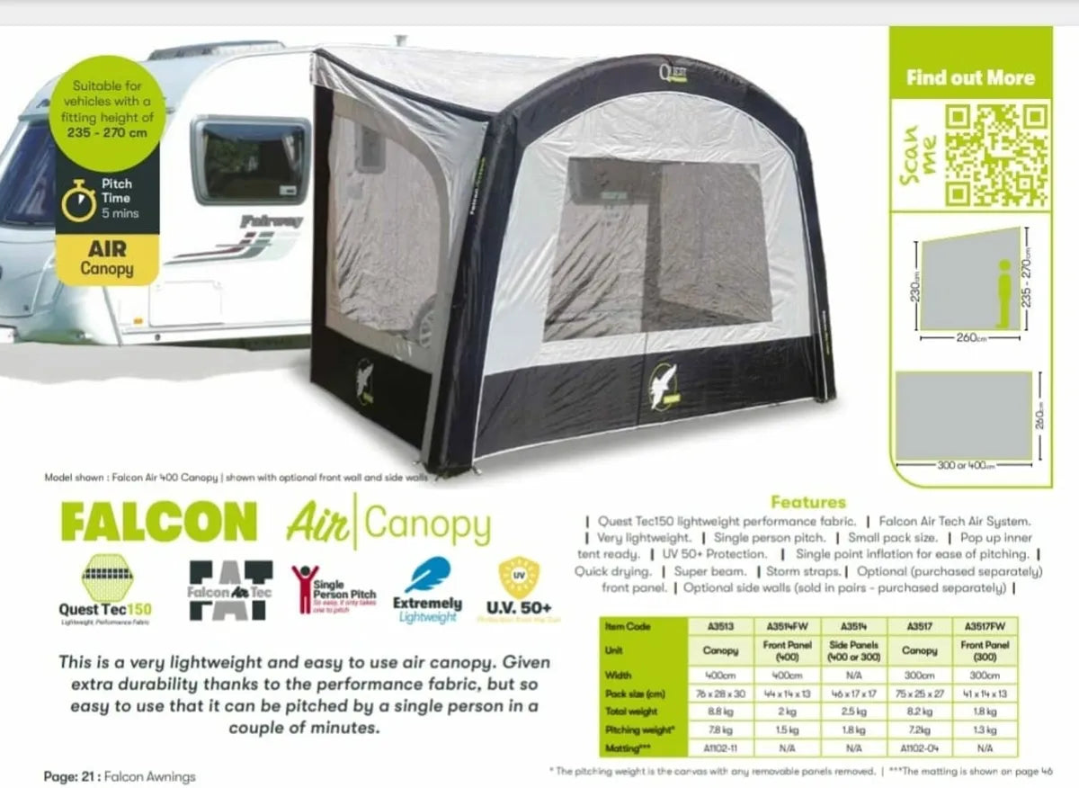 The Falcon air canopy dimensions are shown with a QR code.