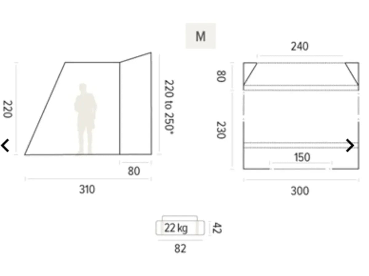 Dimensions of the Trigano Bali inflatable awning to scale.