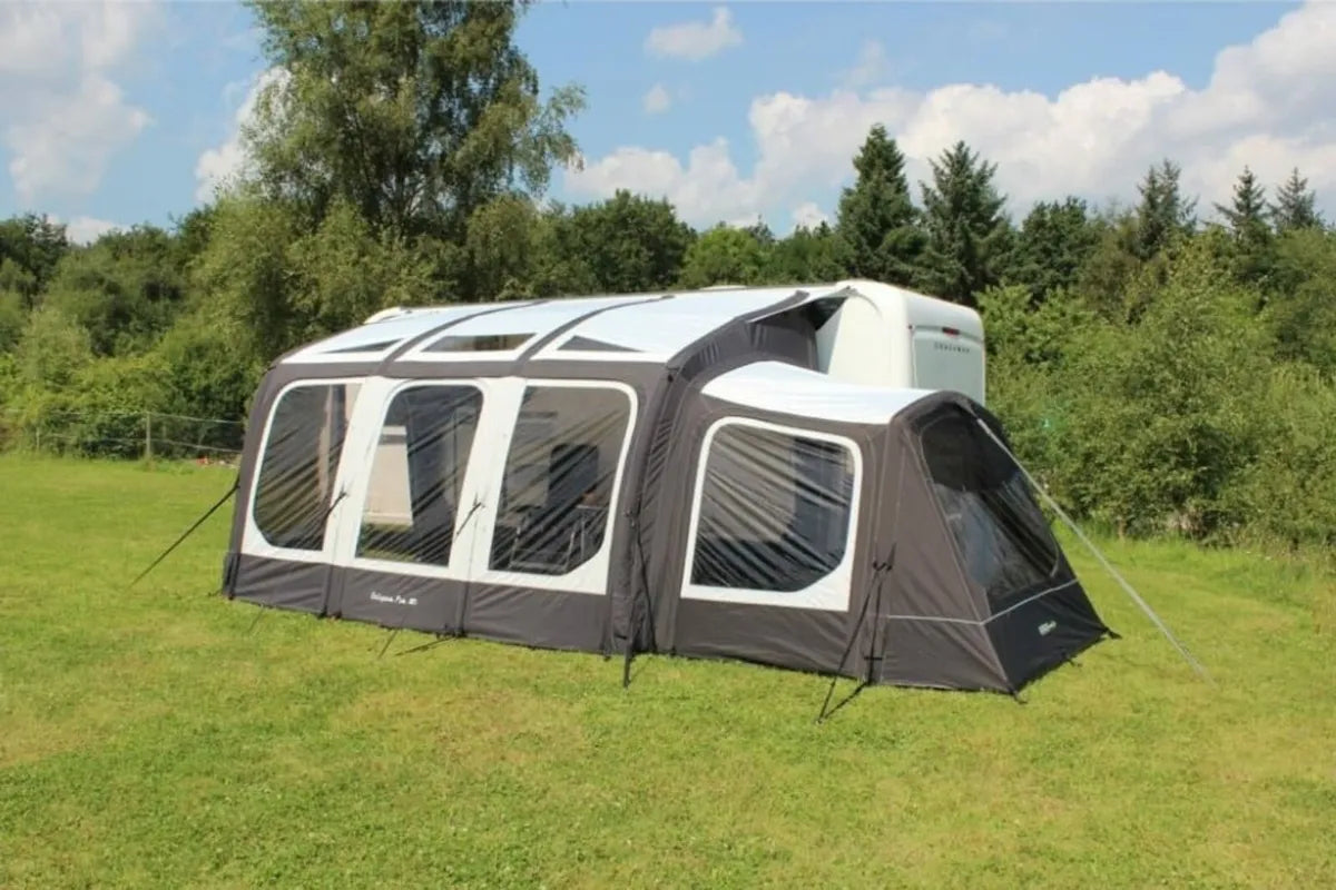 The Eclipse pro 380L Air Awning is pictured with an extra porch on the right side