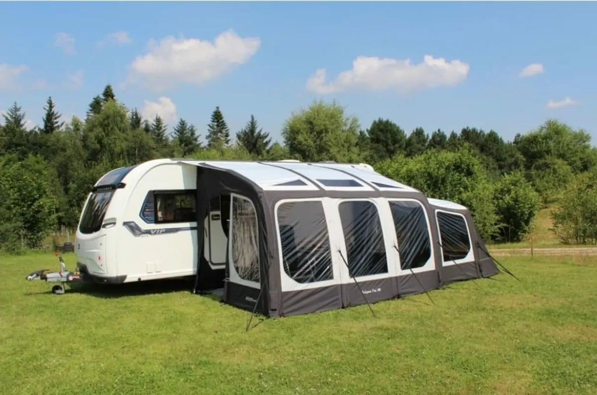 The Eclipse pro 380L Air Awning is pictured with an extra porch on the right side   