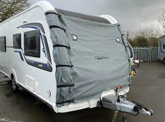 The Caravan Front Cover is attached to a caravan and is grey in colour